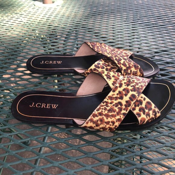 J Crew Leopard Print Cross Strap Sandals Size 7 Leather Slides Flip Flops NOTE - Picture 3 of 16